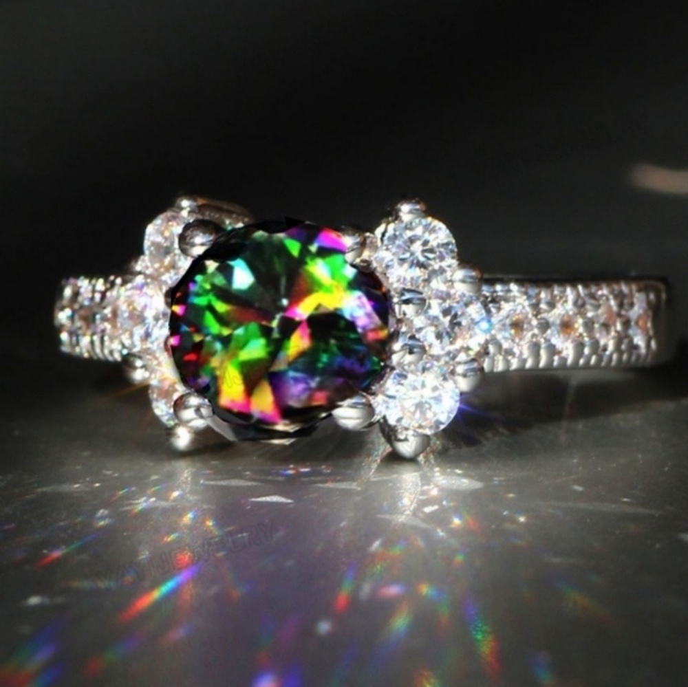 🦋 Mystic Topaz w/ White Sapphire Accent Ring Sz 8